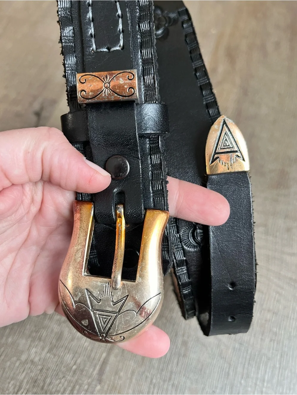 Handmade black leather belt southwestern silver tone buckle size 38/40 stamped
